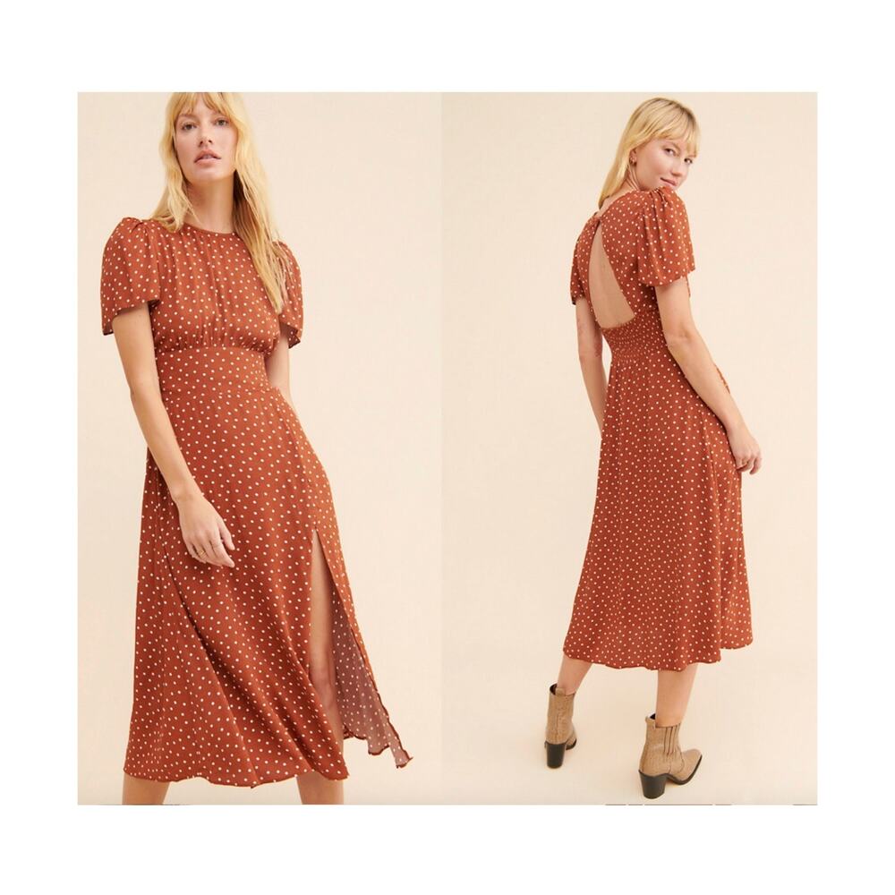 AFRM Jamie Open Back Midi Dress Brown White Polka Dot Puff Sleeve Size Medium